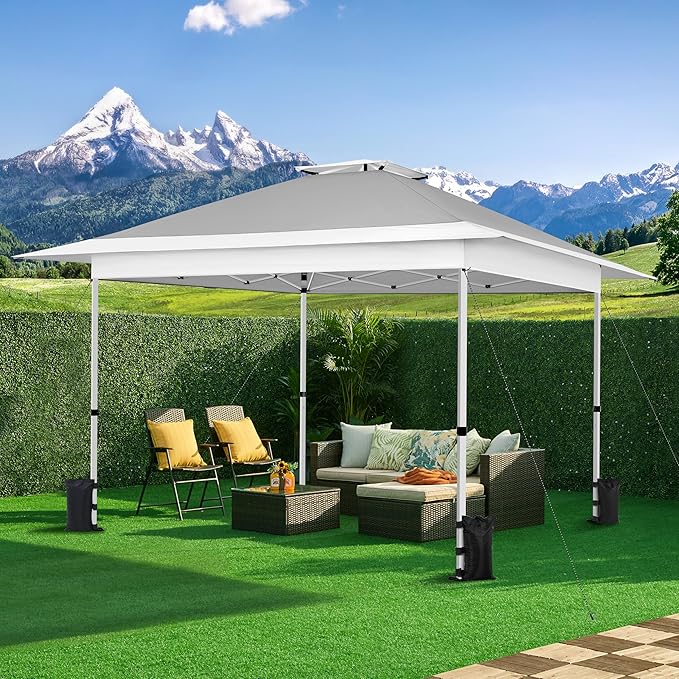 Yaheetech 13x13 Pop Up Canopy Tent, Straight Leg Easy Set-up Height-Adjustable Folding Shelter w/Extending Eaves Set W/Sandbags & Rolling Storage Bag & Ground Anchors & Guy Lines,Light Gray/White