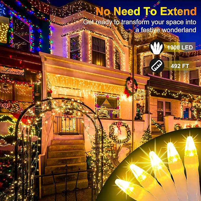 492FT Christmas Lights Outdoor, 1300 LED Extra Long LED String Lights 8 Modes Christmas Tree Lights, with Timer & Momory Function Waterproof Decorations for Xmas Yard Tree Party Home Garden Warm White