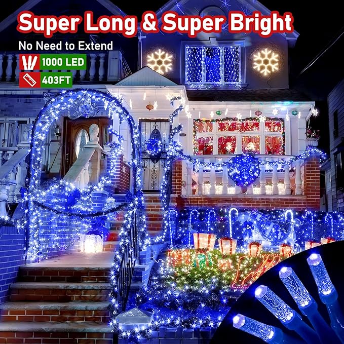 XURISEN Upgraded 403FT 1000 LED Christmas Lights Outdoor, Super Long String Lights 8 Modes & Memory Timer Plug in Fairy Lights for Home Xmas Tree Party Wedding Decor -Blue