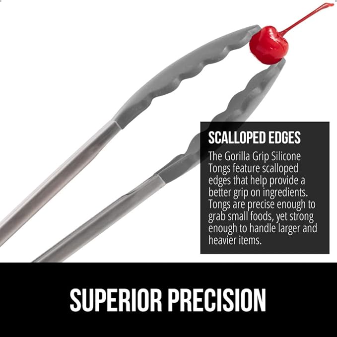 GORILLA GRIP Stainless Steel Heat Resistant Kitchen Tongs for Cooking, 9 + 12 Inch, Set of 2 BBQ Tong, Non Scratch Silicone Tip for Pan, Strong Grip, Grab Food, Toss Salad, Air Fryer, Pull Lock, Gray