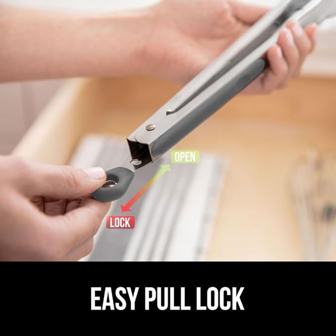 GORILLA GRIP Stainless Steel Heat Resistant Kitchen Tongs for Cooking, 9 + 12 Inch, Set of 2 BBQ Tong, Non Scratch Silicone Tip for Pan, Strong Grip, Grab Food, Toss Salad, Air Fryer, Pull Lock, Gray