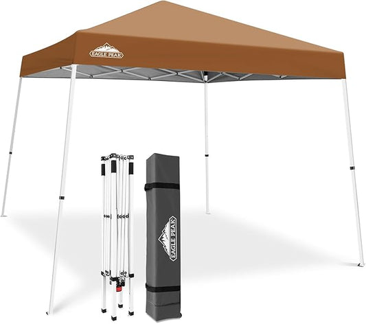 EAGLE PEAK 10x10 Slant Leg Pop-up Canopy Tent Easy One Person Setup Instant Outdoor Beach Canopy Folding Portable Sports Shelter 10x10 Base 8x8 Top (Khaki)
