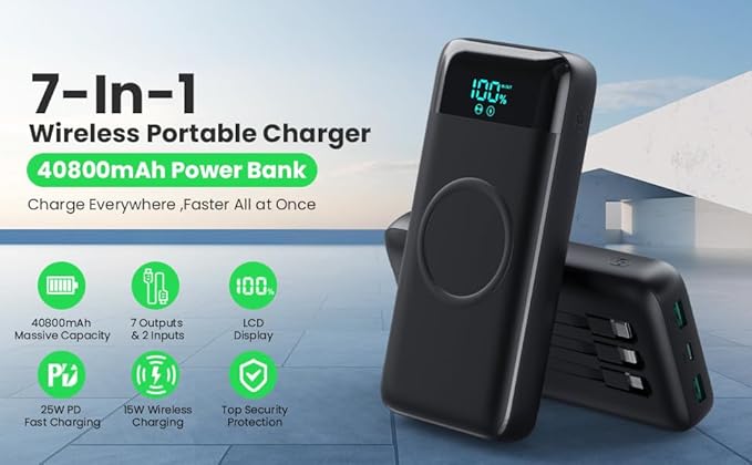 Wireless Portable Charger 40,800mAh with 3 Built-in Cables,15W Wireless Charging 25W PD QC4.0 Fast Charging USB-C Power Bank,7 Outputs LCD Display Battery Pack for iPhone 16/15/14/13/12,Android etc