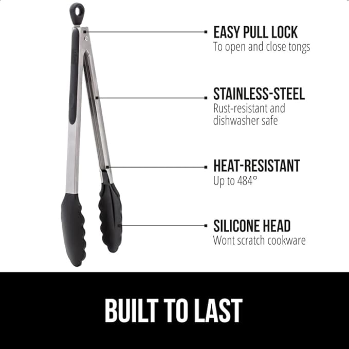 GORILLA GRIP Stainless Steel Heat Resistant Kitchen Tongs for Cooking, 7 + 9 + 12 Inch Set of 3 BBQ Tong, Non Scratch Silicone Tip for Pans, Strong Grip, Grab Food, Toss Salad, Pull Lock, Black