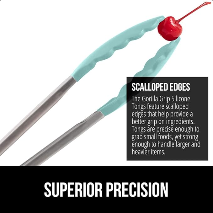 GORILLA GRIP Stainless Steel Heat Resistant Kitchen Tongs for Cooking, 9 + 12 Inch, Set of 2 BBQ Tong, Non Scratch Silicone Tip for Pan, Strong Grip, Grab Food, Toss Salad, Air Fryer, Pull Lock, Mint
