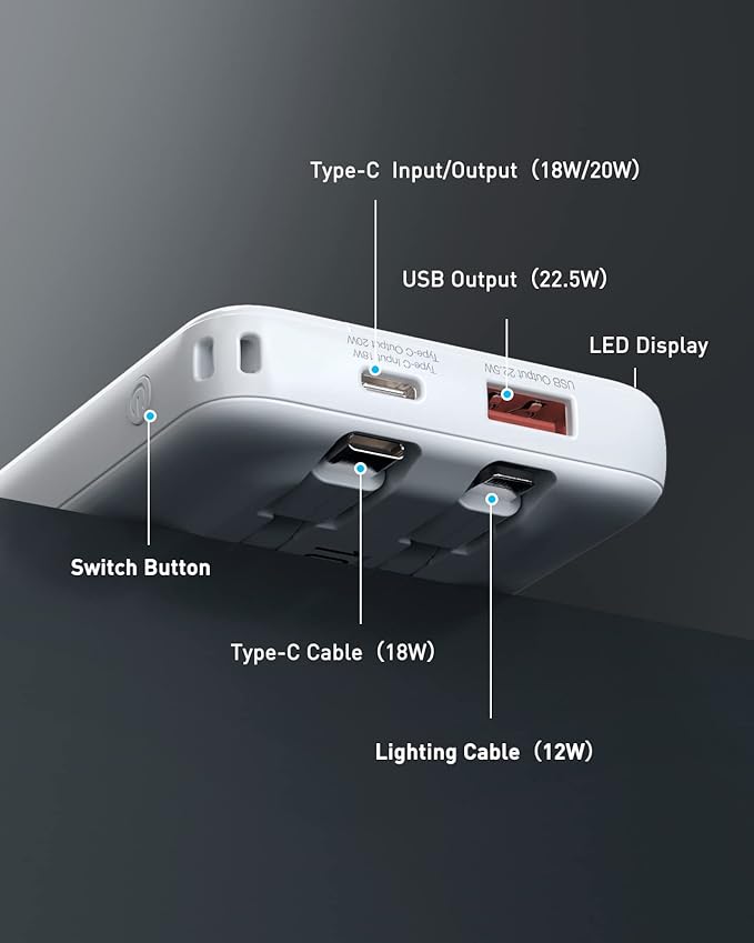 Power Bank 10000mAh, Portable Charger with Built-in Cables, 22.5W PD Fast Charging for iPhone & Android Devices, Ultra-Compact Travel Essential, Pocket-Sized Design-White