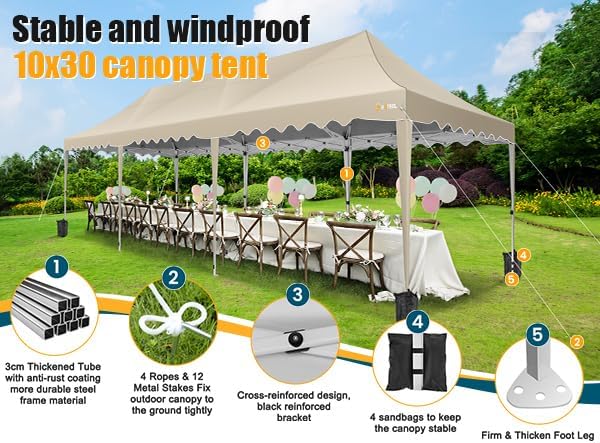 HOTEEL 10x30 Pop Up Canopy with 8 Sidewalls, UV 50+ and Waterproof Party Tent 10×30, Thickened Frame, Large Space Easy Pop Up Canopy, Outdoor Tent for Wedding, Beaches, Parties, Patio (Khaki)