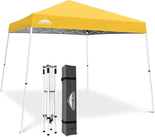 EAGLE PEAK 10x10 Slant Leg Pop-up Canopy Tent Easy One Person Setup Instant Outdoor Beach Canopy Folding Portable Sports Shelter 10x10 Base 8x8 Top (Yellow)