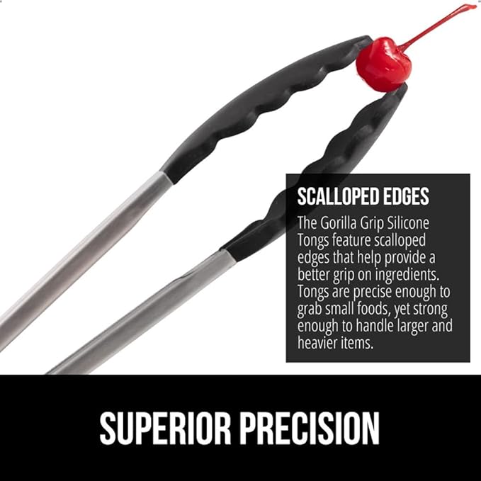 GORILLA GRIP Stainless Steel Heat Resistant Kitchen Tongs for Cooking, 7 + 9 + 12 Inch Set of 3 BBQ Tong, Non Scratch Silicone Tip for Pans, Strong Grip, Grab Food, Toss Salad, Pull Lock, Black