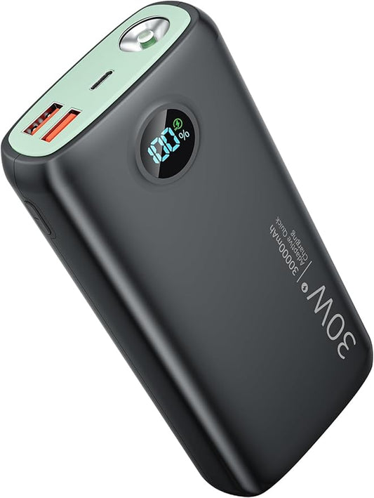 Portable Charger-Output Input USB C Fast Charging LED Display SCP22.5W PD 30W QC4.0 Power Bank, Flashlight External Battery Pack for iPhone, Xiaomi, LG, and More (Black-Cyan)