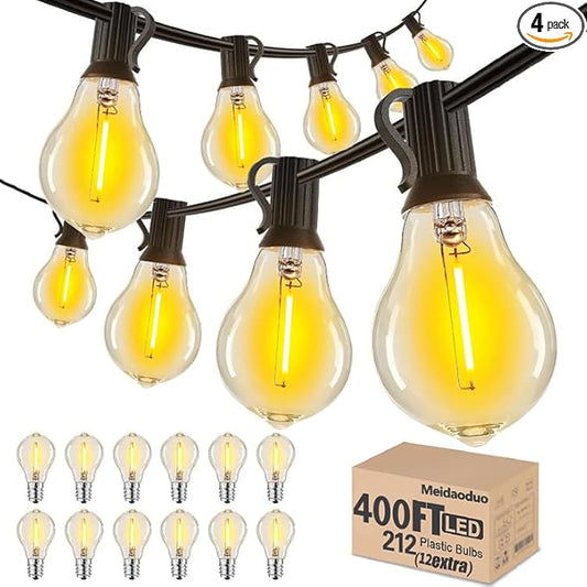 400FT Outdoor String Lights LED Waterproof Patio String Lights for Outside with 200+12ea Extra A39 2200K Warm Yellow Vintage Bulbs for Outdoor Bistro Backyard Lights, 4Pack x 100FT Linkable