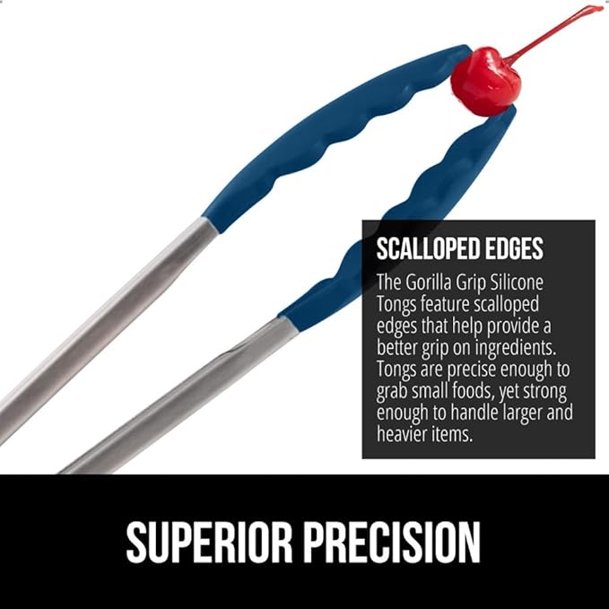 GORILLA GRIP Stainless Steel Heat Resistant Kitchen Tongs for Cooking, 9 + 12 Inch, Set of 2 BBQ Tong, Non Scratch Silicone Tip for Pan, Strong Grip, Grab Food, Toss Salad, Air Fryer, Pull Lock, Blue