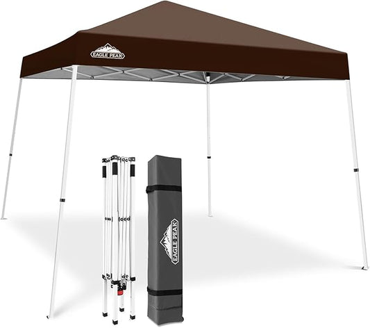 EAGLE PEAK 10x10 Slant Leg Pop-up Canopy Tent Easy One Person Setup Instant Outdoor Beach Canopy Folding Portable Sports Shelter 10x10 Base 8x8 Top (Brown)