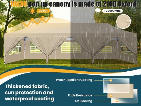 HOTEEL 10x30 Pop Up Canopy with 8 Sidewalls, UV 50+ and Waterproof Party Tent 10×30, Thickened Frame, Large Space Easy Pop Up Canopy, Outdoor Tent for Wedding, Beaches, Parties, Patio (Khaki)