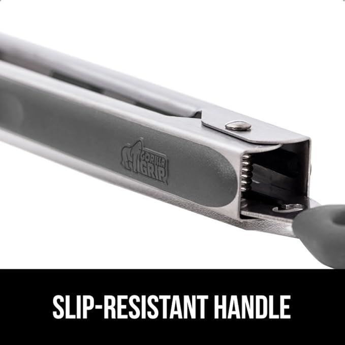 GORILLA GRIP Stainless Steel Heat Resistant Kitchen Tongs for Cooking, 9 + 12 Inch, Set of 2 BBQ Tong, Non Scratch Silicone Tip for Pan, Strong Grip, Grab Food, Toss Salad, Air Fryer, Pull Lock, Gray