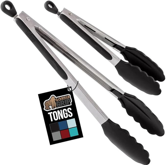 GORILLA GRIP Stainless Steel Heat Resistant Kitchen Tongs for Cooking, 9 + 14 Inch, Set of 2 BBQ Tong, Non Scratch Silicone Tip for Pan, Strong Grip, Grab Food, Toss Salad, Air Fryer, Pull Lock, Black