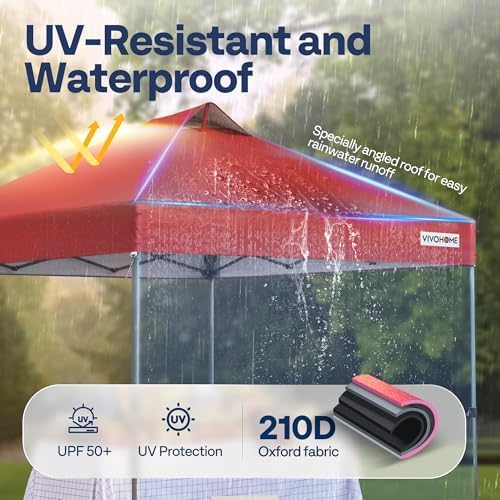 VIVOHOME 8x8ft Pop Up Canopy Tent One Push Setup Outdoor Portable Shelter Tent Heavy Duty with Wheel Carry Bag and 4 Sandbags, Red
