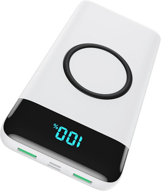 Wireless Portable Charger 30,800mAh 15W Wireless Charging 25W PD QC4.0 Fast Charging Smart LED Display USB-C Power Bank,4 Output& 2 Input External Battery Pack Compatible with iPhone,Samsung etc-White