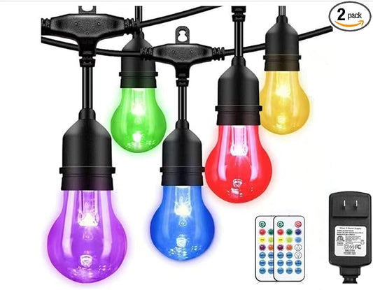 96FT Outdoor Patio Lights Color Changing, RGB LED String Lights with 32 E26 Shatterproof Edison Bulbs, Dimmable Patio String Lights for Backyard Garden, 2 Remote Controllers