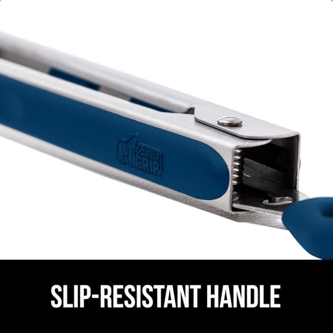 GORILLA GRIP Stainless Steel Heat Resistant Kitchen Tongs for Cooking, 9 + 12 Inch, Set of 2 BBQ Tong, Non Scratch Silicone Tip for Pan, Strong Grip, Grab Food, Toss Salad, Air Fryer, Pull Lock, Blue