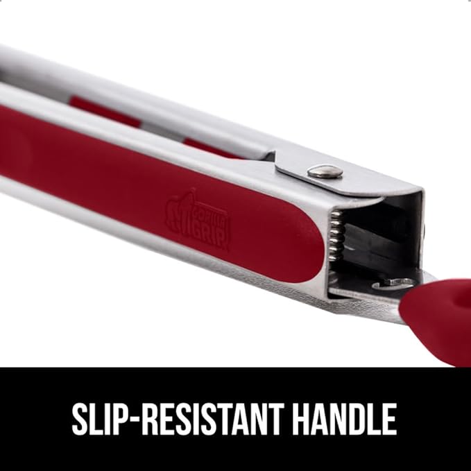GORILLA GRIP Stainless Steel Heat Resistant Kitchen Tongs for Cooking, 9 + 12 Inch, Set of 2 BBQ Tong, Non Scratch Silicone Tip for Pan, Strong Grip, Grab Food, Toss Salad, Air Fryer, Pull Lock, Red