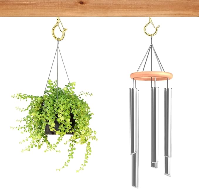 12 PCS Q-Hanger Hooks, Screw Hooks for Outdoor String Lights, Safety Buckle Design Cup Eye Hook for Hanging Christmas Lights, Plants, Wind Chimes, Mounted on Wall Ceiling, Windproof, Gold