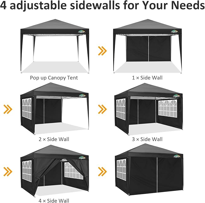 COBIZI 10x10 Pop Up Canopy Tent with 4 Sidewalls,10x10 Easy Up Waterproof Canopy Tents for Parties Camping Exhibition, Outdoor Easy Set U Gazebo Tent with Carry Bag,8 Stakes & 4 Ropes(Black