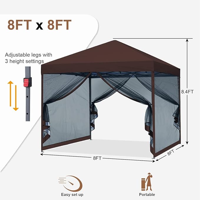 MASTERCANOPY Pop-Up Easy Outdoor Canopy with Netting Screen Walls (8x8, Brown)