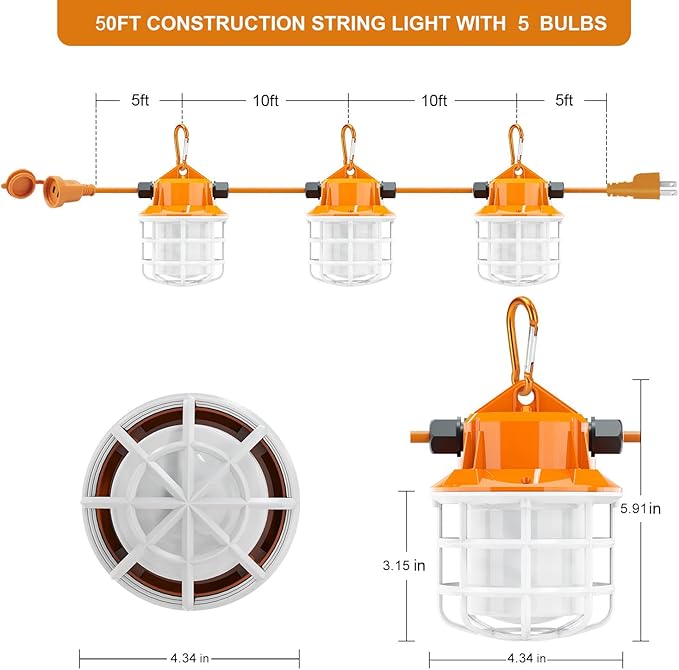 NS 50FT Construction String Lights LED Industrial Grade Super Bright 5000K IP65 Linkable for Construction Sites, Temporary Work, Renovation, Jobsite, All Outdoor Lighting, with 5 Bulbs and Hook