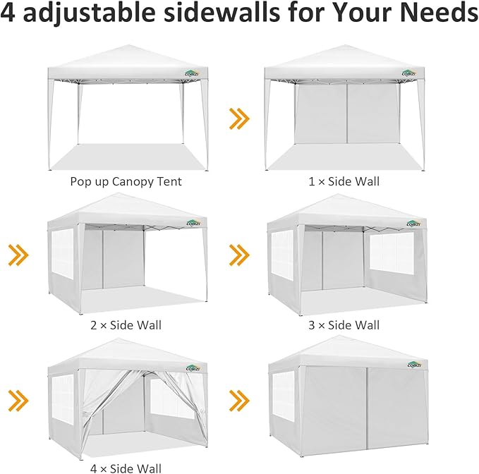COBIZI 10x10 Pop Up Canopy Tent with 4 Sidewalls,10x10 Easy Up Waterproof Canopy Tents for Parties Camping Exhibition, Outdoor Easy Set U Gazebo Tent with Carry Bag,8 Stakes & 4 Ropes(White