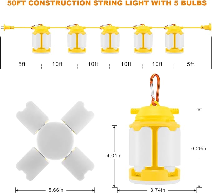 100FT LED Construction String Lights, 300W 30000LM Super Bright LED String Work Lights, Construction Temporary Lights for Construction Sites, Temporary Work, Job site, Indoor and Outdoor Lighting