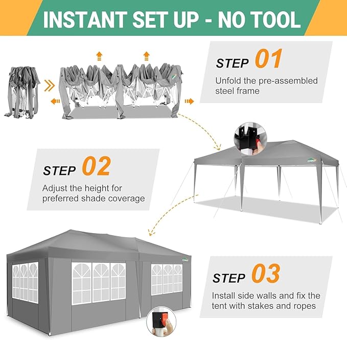 COBIZI 10x20 Pop Up Canopy Tent with 6 Sidewalls Easy Pop Up Tent 10x20 Waterproof Commercial Instant Shelter UPF 50+ Portable Gazebo Wedding Tents for Parties Carport Vender Events, Gray