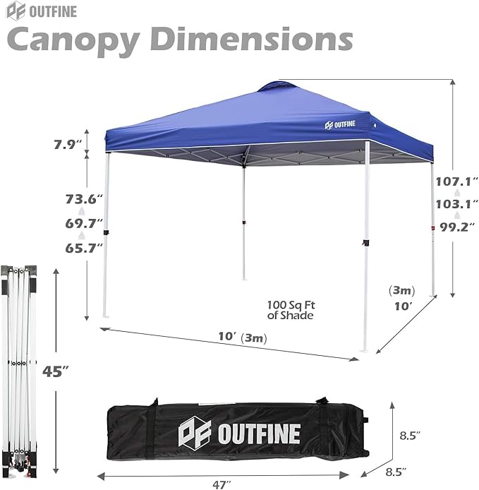 OUTFINE Pop-up Canopy 10x10 Patio Tent Instant Gazebo Canopy with Wheeled Bag,Canopy Sandbags x4,Tent Stakesx8 (Blue, 10 * 10FT)