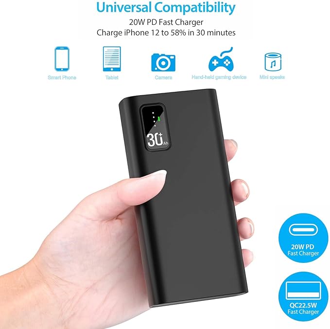 Portable Charger, Power Bank 30000mAh,QC 3.0 22.5W & PD 20W Fast Charge Power Bank Battery Pack LED Lighting Battery Pack with USB C/USB A Output, for Smartphone, Smartwatch,Tablet, Camera