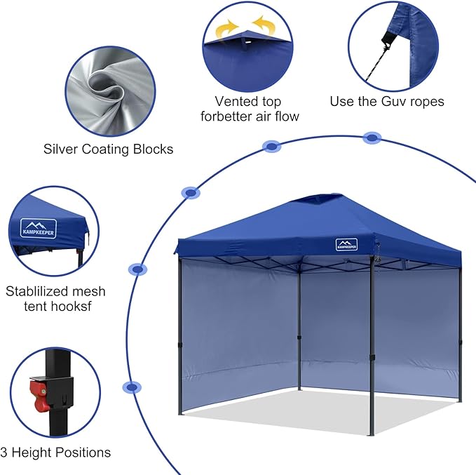 KAMPKEEPER 10x10 Pop Up Canopy Tent with 2 Sidewalls, Beach Tent - Easy Outdoor Sun Shade for Events, Parties, Camping - Gazebo with 4 Weight Bags & Carry Bag.（Navy Blue）