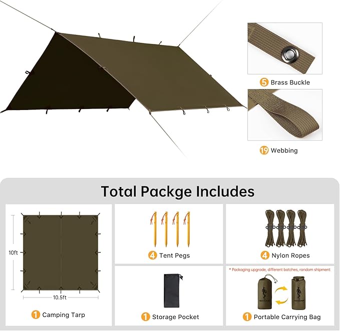 FREE SOLDIER Camping Tarp Waterproof Portable Multifunctional Outdoor Traveling Awning Backpacking Shelter Rain Tarp (Olive-Green 10×10.5ft)