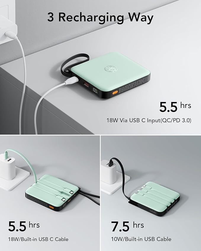 VRURC Portable Power Bank Built-in Cables, 20000mAh 22.5W Fast Charging USB C Battery Pack, Phone Charger Battery, for iPhone 16 15 14 13 12 11 Samsung Galaxy S23 S22, Green(1 Pack)