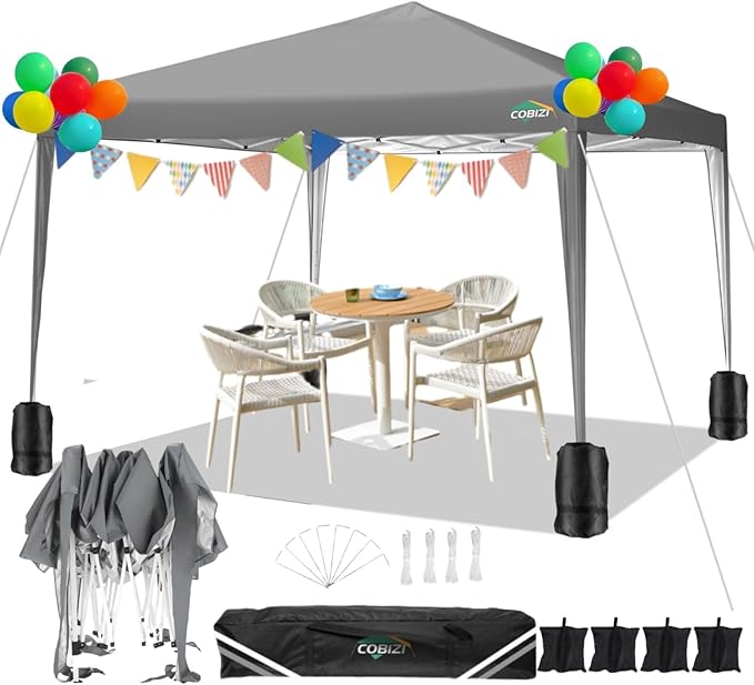 COBIZI 10x10 Pop Up Canopy Tent with 4 Sandbags, Easy Set Up Tent, Instant Outdoor Sun Shelter Canopy with 8 Stakes,4 Ropes&Carry Bag, Tents for Parties, Beach, Backyard,Camping(Gray