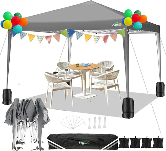 COBIZI 10x10 Pop Up Canopy Tent with 4 Sandbags, Easy Set Up Tent, Instant Outdoor Sun Shelter Canopy with 8 Stakes,4 Ropes&Carry Bag, Tents for Parties, Beach, Backyard,Camping(Gray