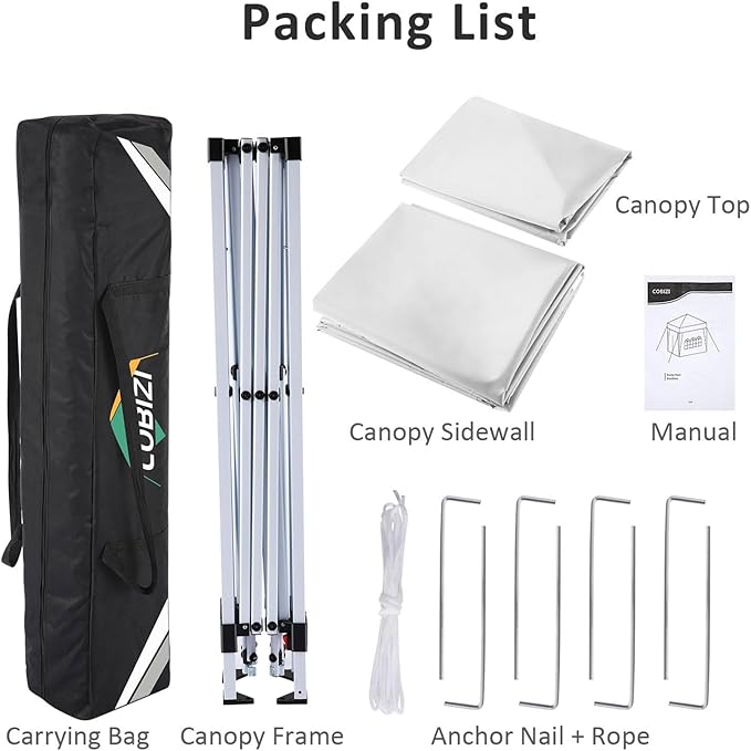COBIZI 10x10 Pop Up Canopy Tent with 4 Sidewalls,10x10 Easy Up Waterproof Canopy Tents for Parties Camping Exhibition, Outdoor Easy Set U Gazebo Tent with Carry Bag,8 Stakes & 4 Ropes(White