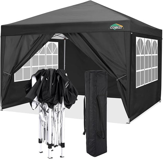 COBIZI 10x10 Pop Up Canopy Tent with 4 Sidewalls,10x10 Easy Up Waterproof Canopy Tents for Parties Camping Exhibition, Outdoor Easy Set U Gazebo Tent with Carry Bag,8 Stakes & 4 Ropes(Black
