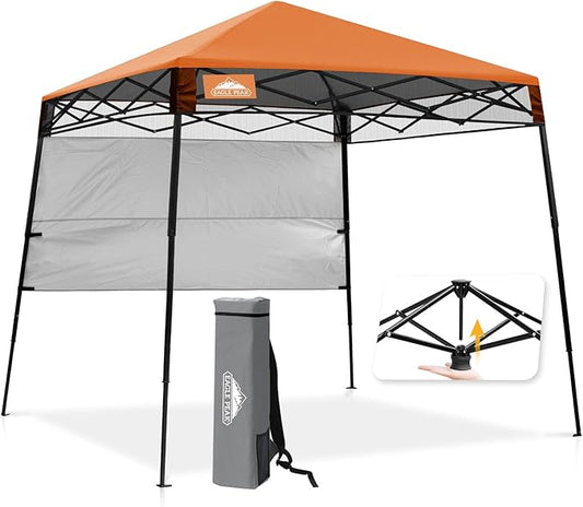EAGLE PEAK 8x8 Pop Up Canopy Tent with Sidewall, Compact, Portable Slant Leg Instant Sun Shelter for Beach, Sports, & Camping, 8x8 Base 6x6 Top, Orange