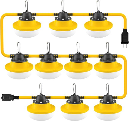 Construction String Lights 100FT with 10 Bulbs 100W 14000Lm Industrial LED String Work Lights 5000K Super Bright Temporary Lighting,for Construction Sites,Renovation, Jobsite,and All Outdoor Lighting