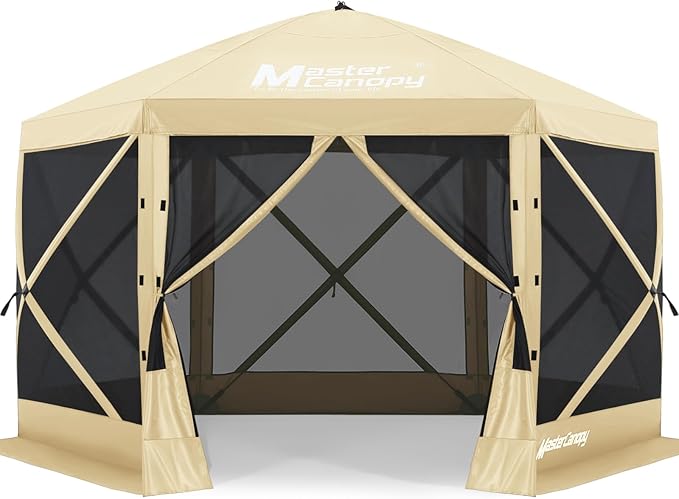 MASTERCANOPY 12x12FT Pop Up Gazebo Screen Tent - Instant Screen House with Netting, Quick Set, Outdoor Canopy Shelter with Carry Bag for Camping, Backyard & Patio (Beige)
