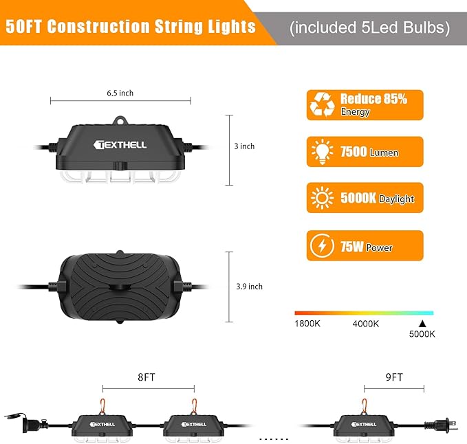 50FT LED Construction String Lights, 75W Super Bright 7500LM Plug in Linkable String Work Lights, 5000K Waterproof IP67 Temporary Lighting for Construction Sites, Jobsites, Indoor & Outdoo