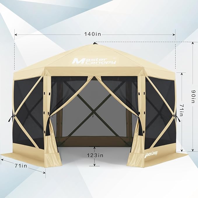 MASTERCANOPY 12x12FT Pop Up Gazebo Screen Tent - Instant Screen House with Netting, Quick Set, Outdoor Canopy Shelter with Carry Bag for Camping, Backyard & Patio (Beige)