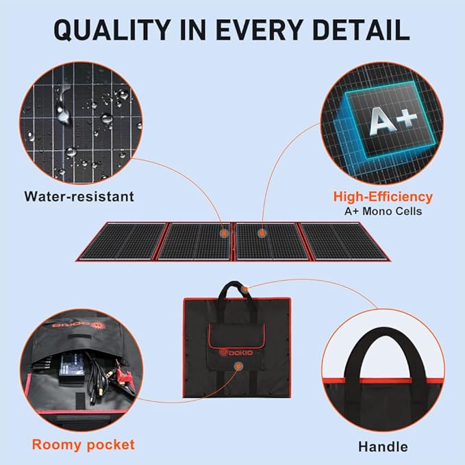 DOKIO 150W Portable Foldable Solar Panel Kit (21x19in, 7lb), with Separate Controller and Dual USB, Monocrystalline Charger for 12V Batteries & Power Stations, RV Camping Trailer Emergency Backup