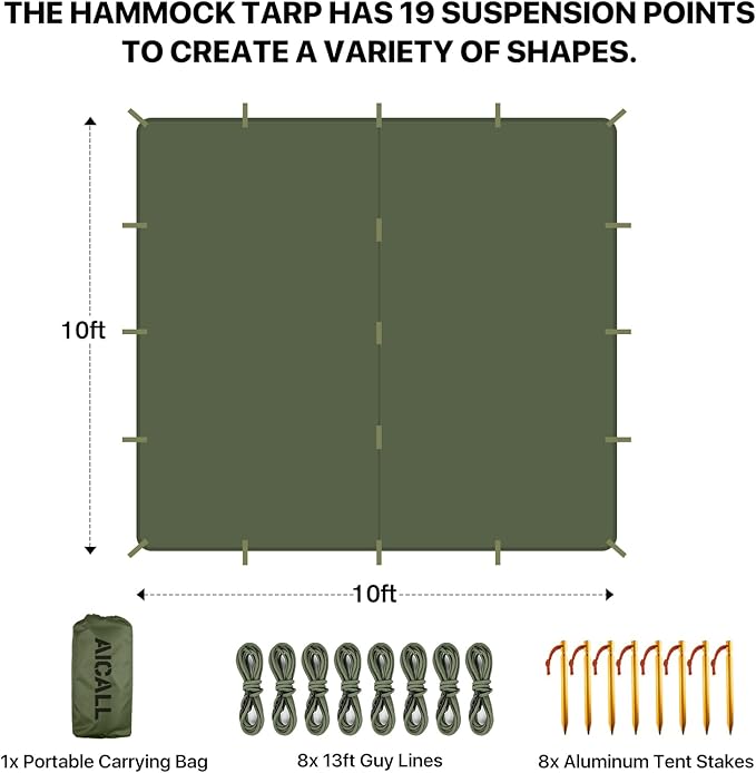 Waterproof Camping Tarp 10 x 10ft Survival Tent Backpacking Portable Tarp Multifunctional Anti-UV Shelter for Outdoor (Blackish Green)