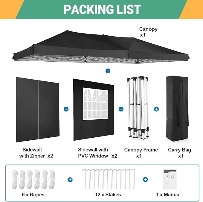 COBIZI Canopy 10x20 Pop Up Canopy Tent with 6 Sidewalls Easy Pop Up Tent 10x20 Waterproof Commercial Instant Shelter UPF 50+ Portable Gazebo Wedding Tents for Parties Car Port Vender Events(Black