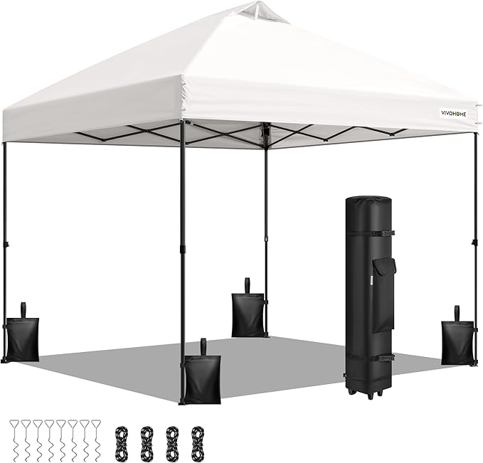 VIVOHOME 10x10ft Pop Up Canopy Tent One Push Setup Outdoor Portable Shelter Tent Heavy Duty with Wheel Carry Bag and 4 Sandbags, White